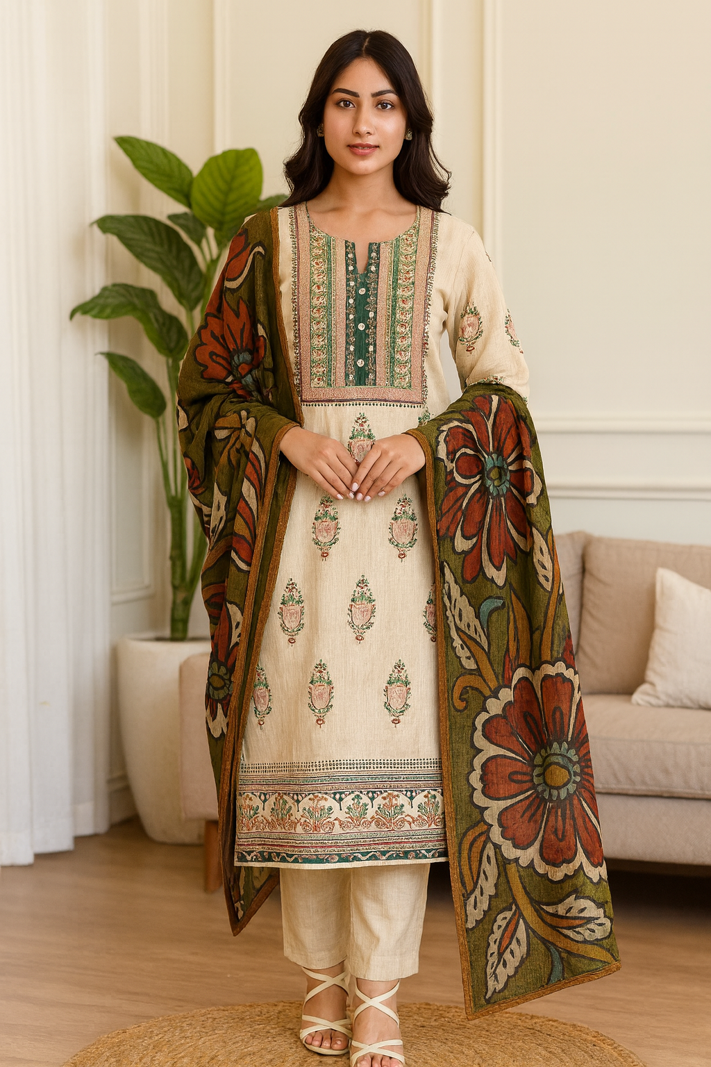 Cream Dress With Kalamkari Dupatta - AZZLIAS WARDROBE